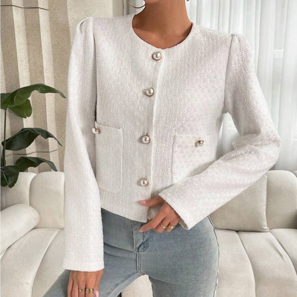 White button front cream ivory tweed jacket cardigan collarless blazer - Picture 3 of 4